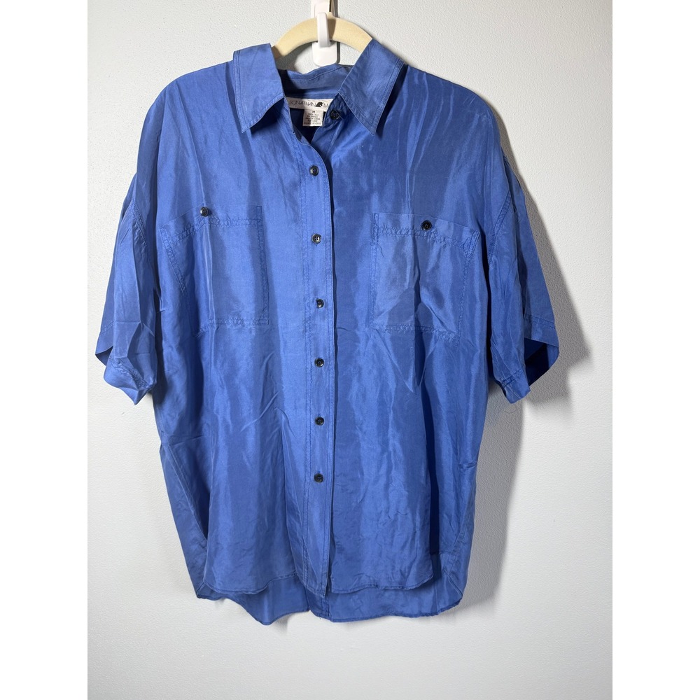 VTG Jonathan Martin Womens Silk Shirt Blue Short Sleeve Button Down Size M